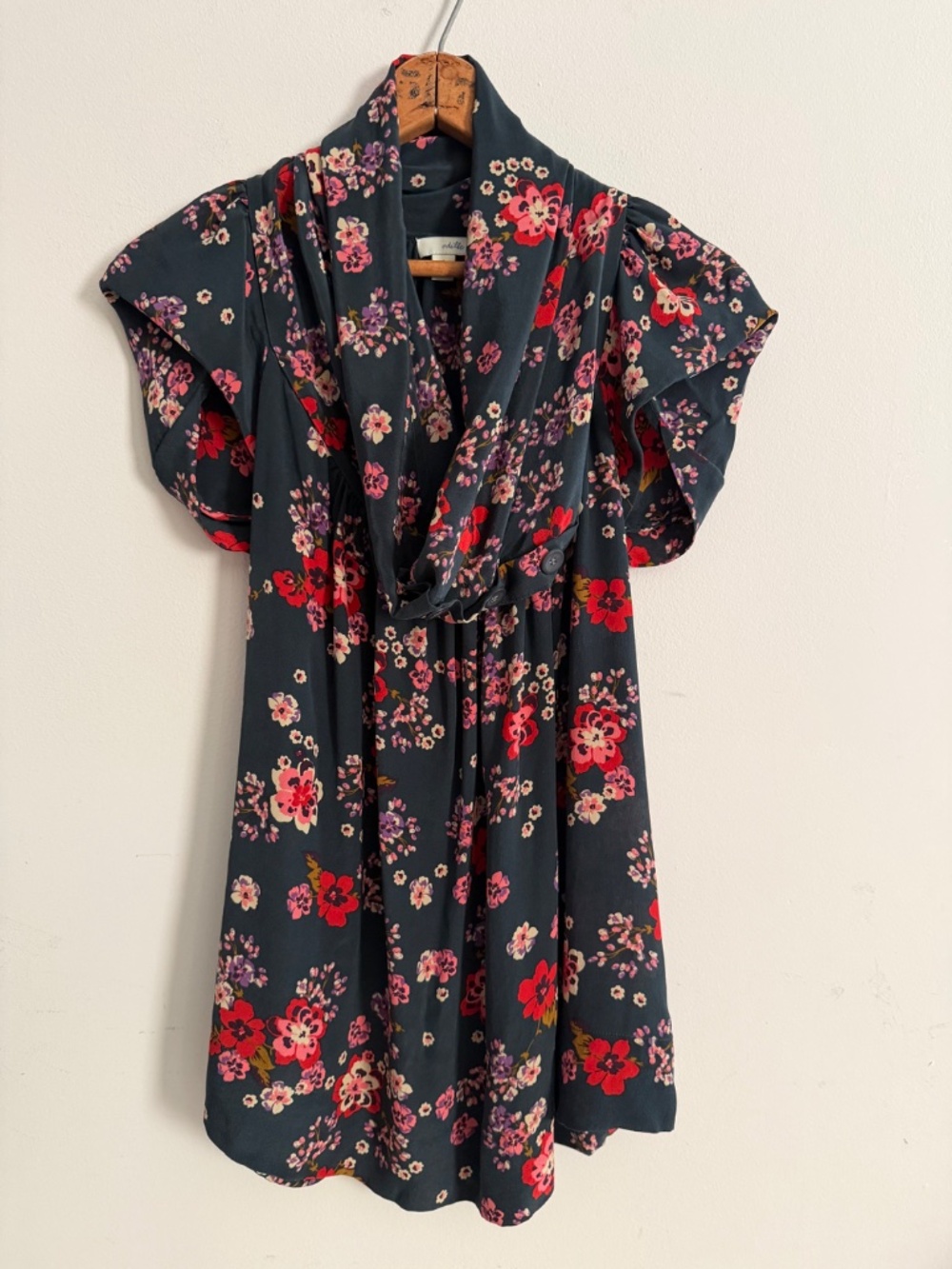 Odille Anthropologie Dark Floral Silk Tunic Bouse Sz 4 Drape Neck Petal Sleeve